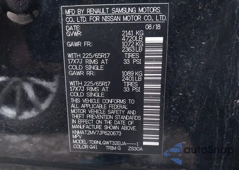 2018 Nissan Rogue Sv z USA, uszkodzony, nr VIN KNMAT2MV7JP620673